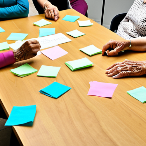 Home 14 Design Thinking & User Empathy**
Prompt: A diverse group of people brainstorming around a table covered with sticky notes and user personas. One person is interviewing an elderly woman with empathy, focusing on her needs and challenges. Emphasize the "walking in their shoes" concept.
**