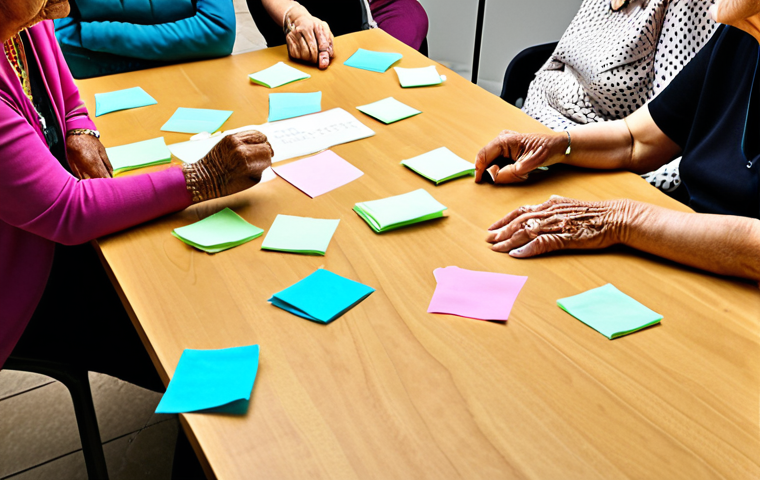 Design Thinking & User Empathy**
Prompt: A diverse group of people brainstorming around a table covered with sticky notes and user personas. One person is interviewing an elderly woman with empathy, focusing on her needs and challenges. Emphasize the "walking in their shoes" concept.
**